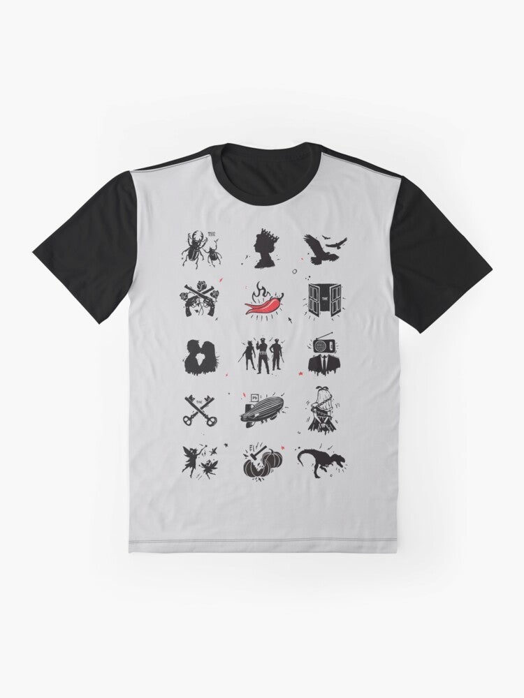 A graphic t-shirt featuring the logos and artwork of iconic rock bands from the 60s, 70s, 80s, and 90s. - Flat lay