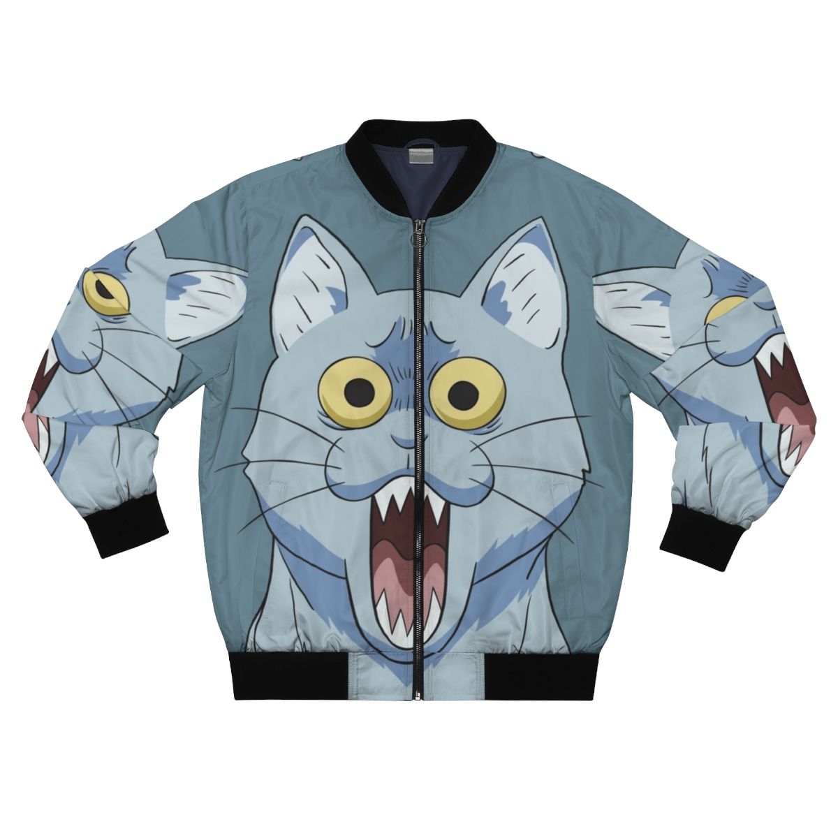 Shocked and horrified anime-style cat graphic printed on a bomber jacket