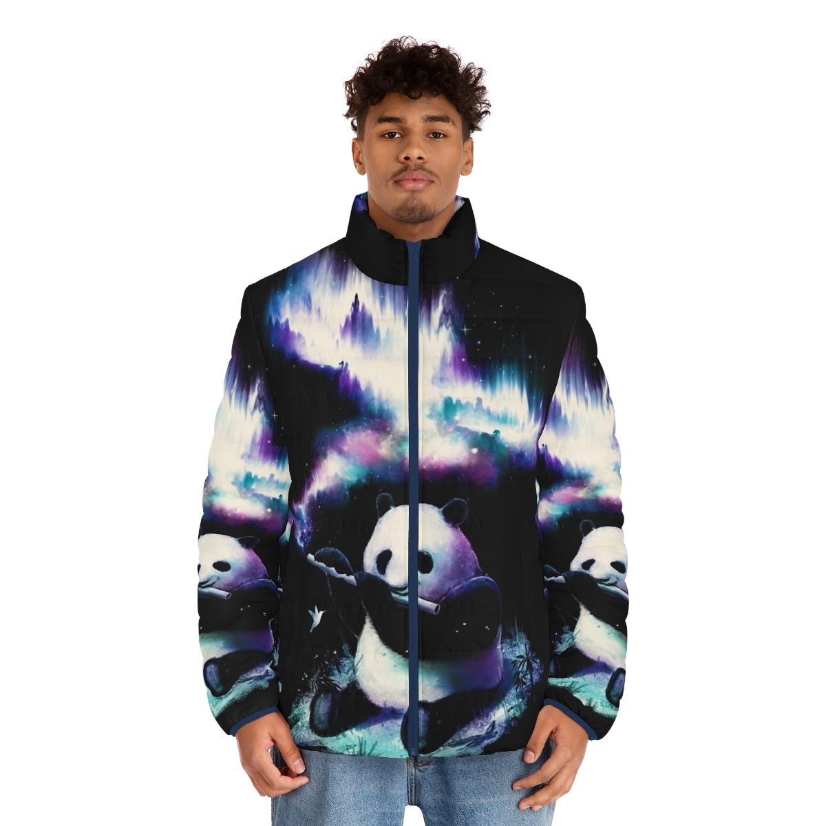 Puffer jacket with galaxy, universe, and musical elements design - men front