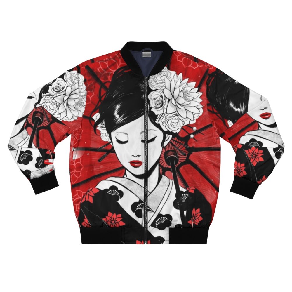 Geisha Japan Collection Bomber Jacket, featuring Asian-inspired design elements like flowers, umbrellas, and ink art