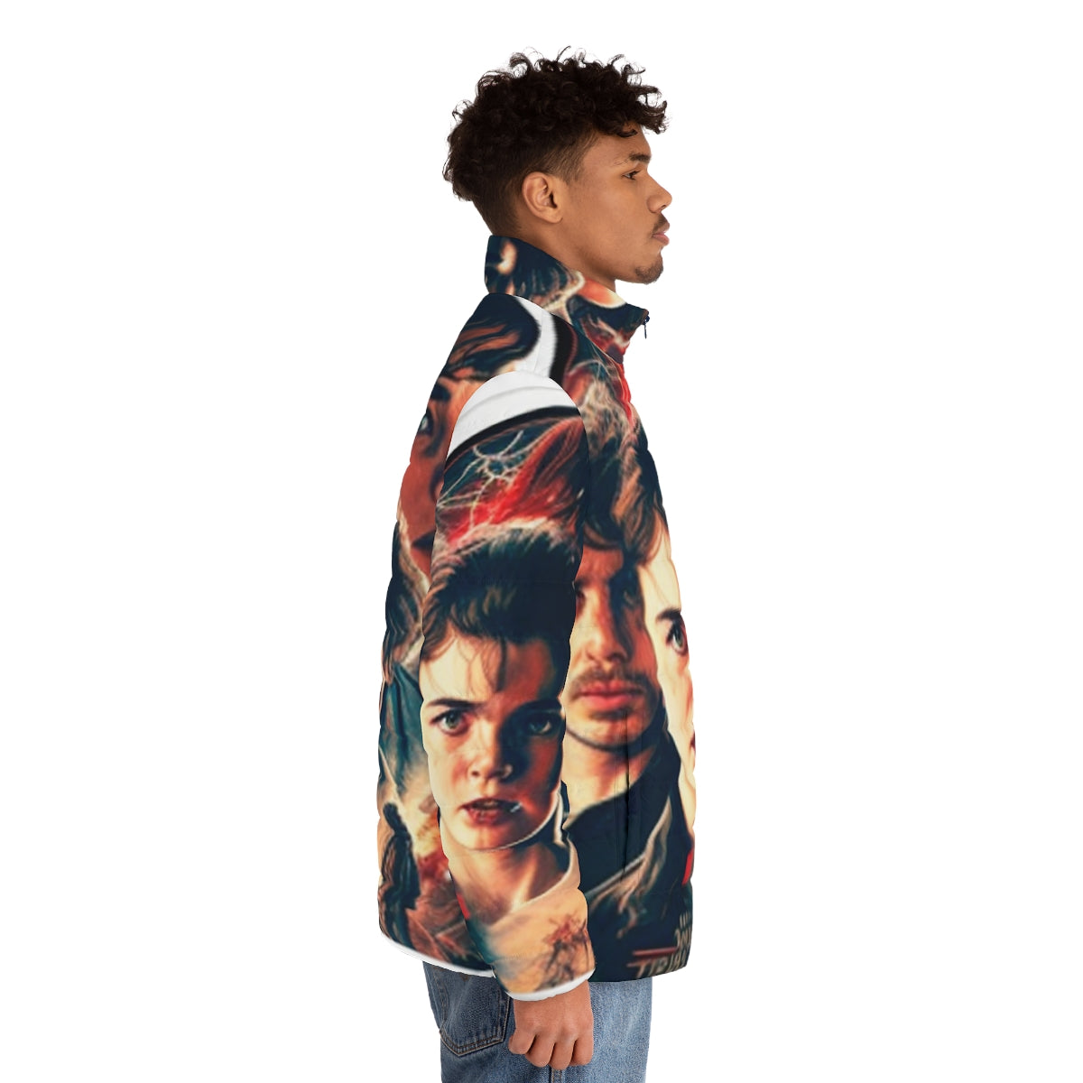 Stranger Things inspired retro puffer jacket with 80s sci-fi design - men side right