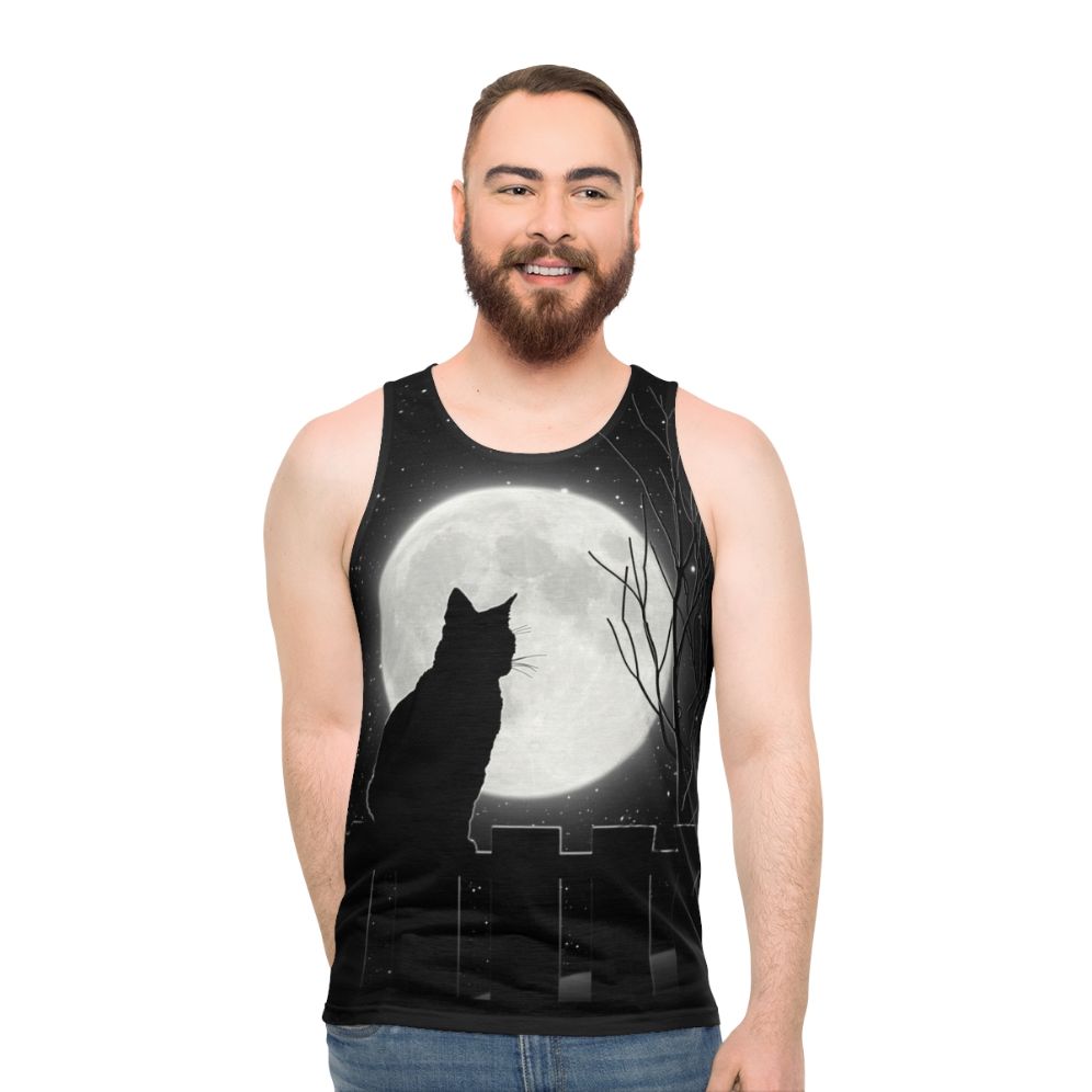 Enchanting cat under the bright moon on a unisex tank top - men