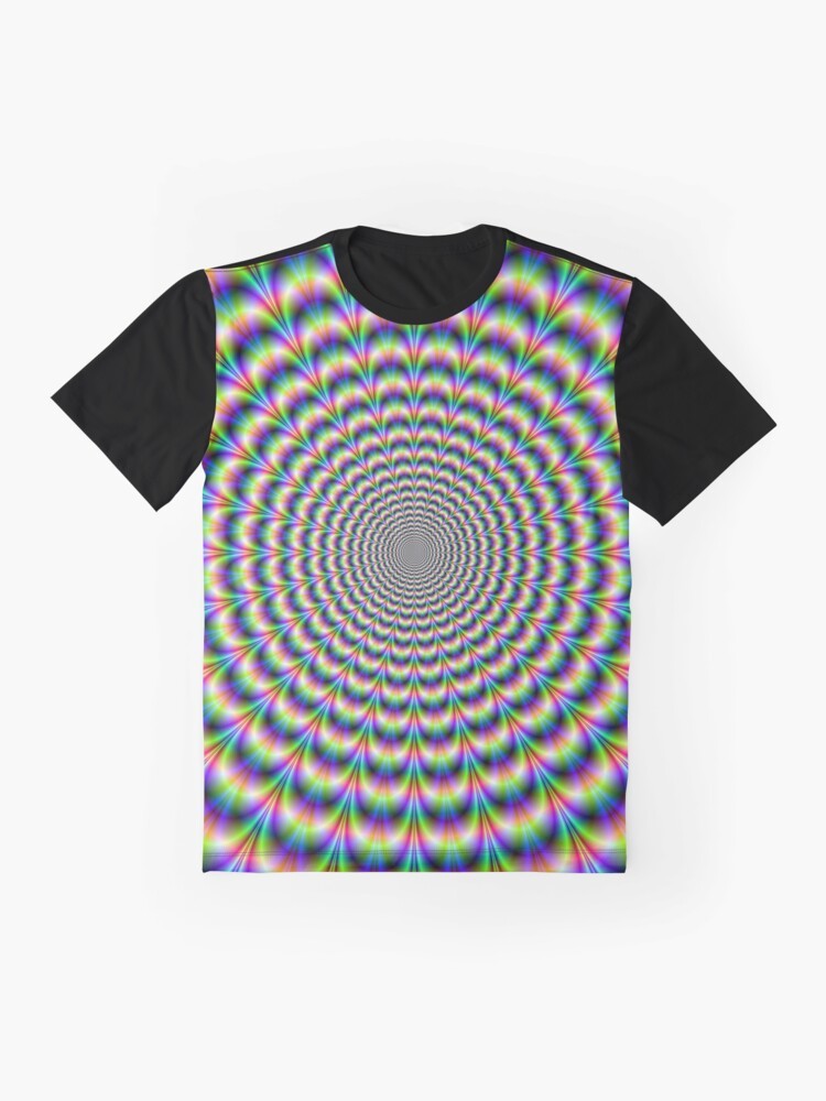 A psychedelic, abstract, fractal, and geometric optical illusion graphic t-shirt. - Flat lay