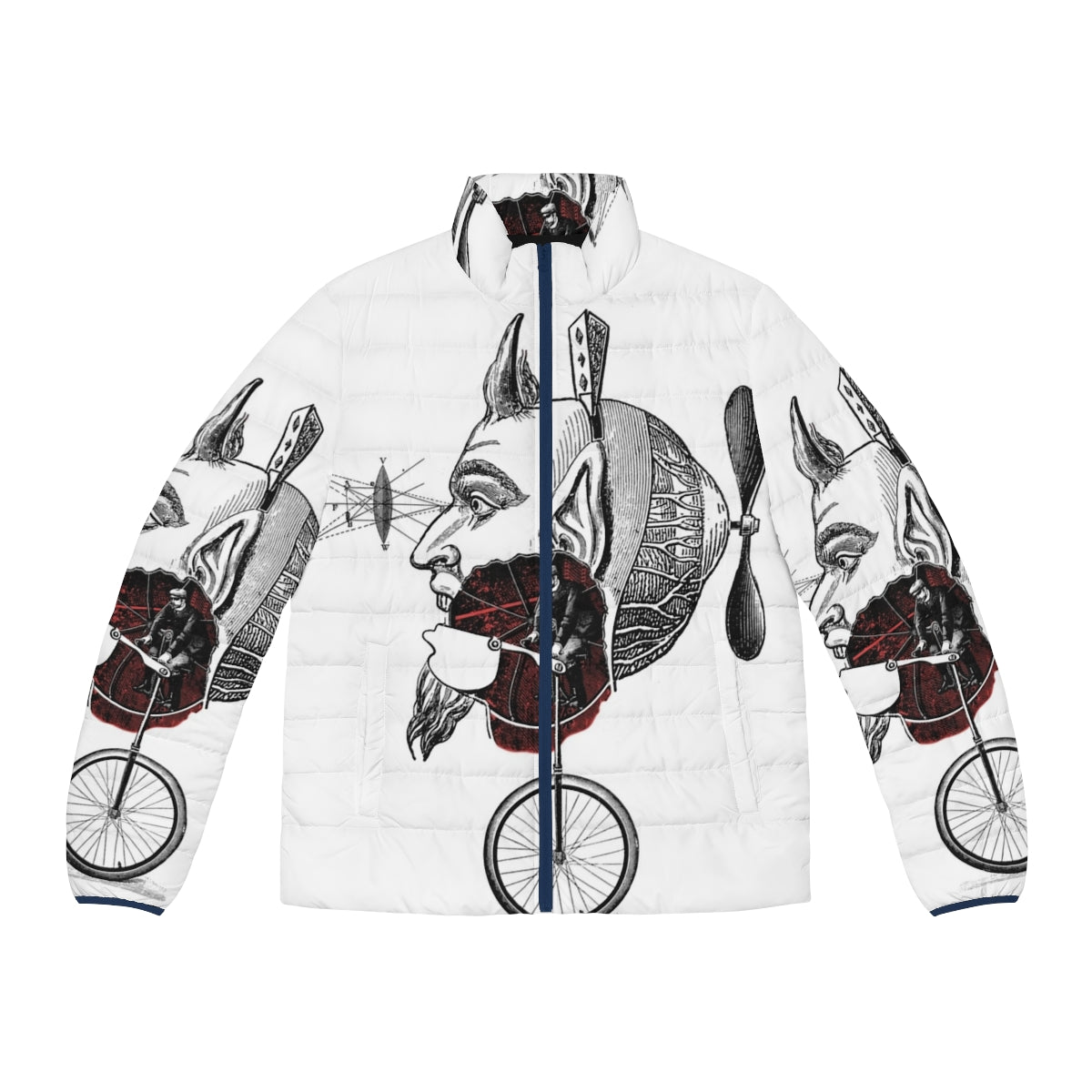 Occult gothic metal puffer jacket with skeleton, tarot, and inferno design