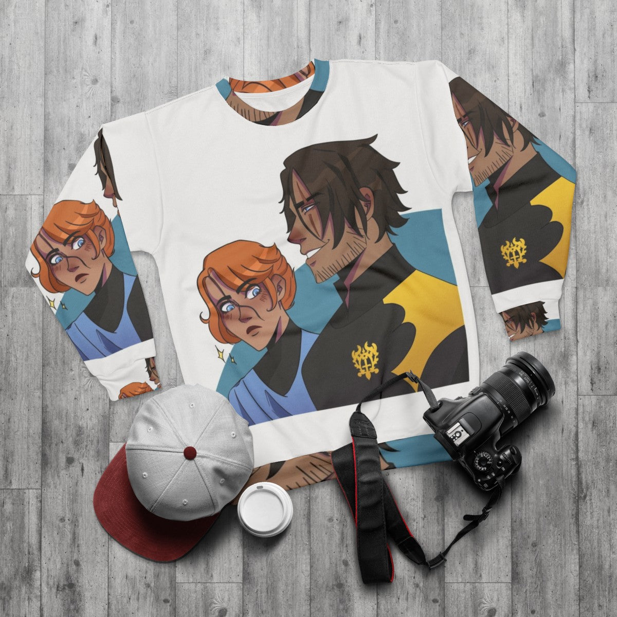 Castlevania inspired sweatshirt featuring the characters Sypha and Trevor Belmont - flat lay