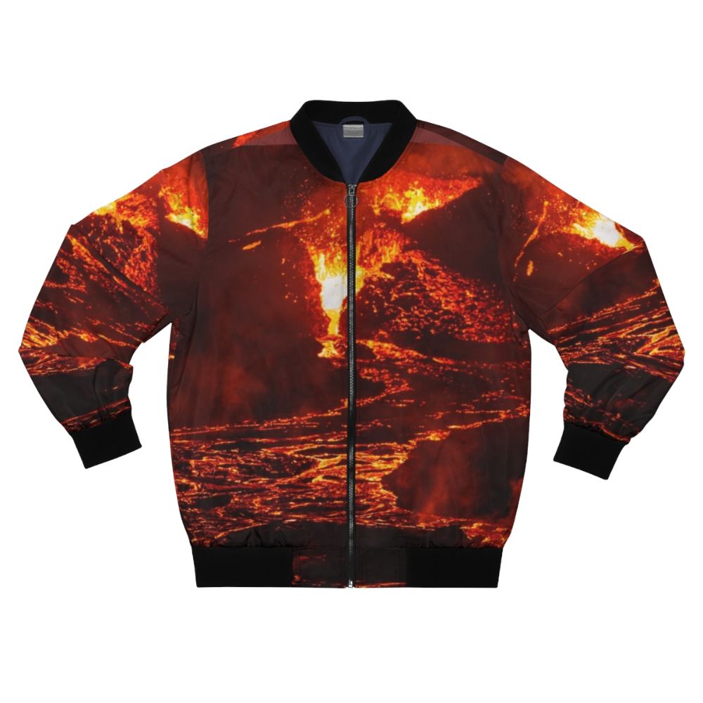 Lava Crater Flow at Night - Iceland Volcano April 20th 2021 Bomber Jacket featuring Iceland volcano lava flow