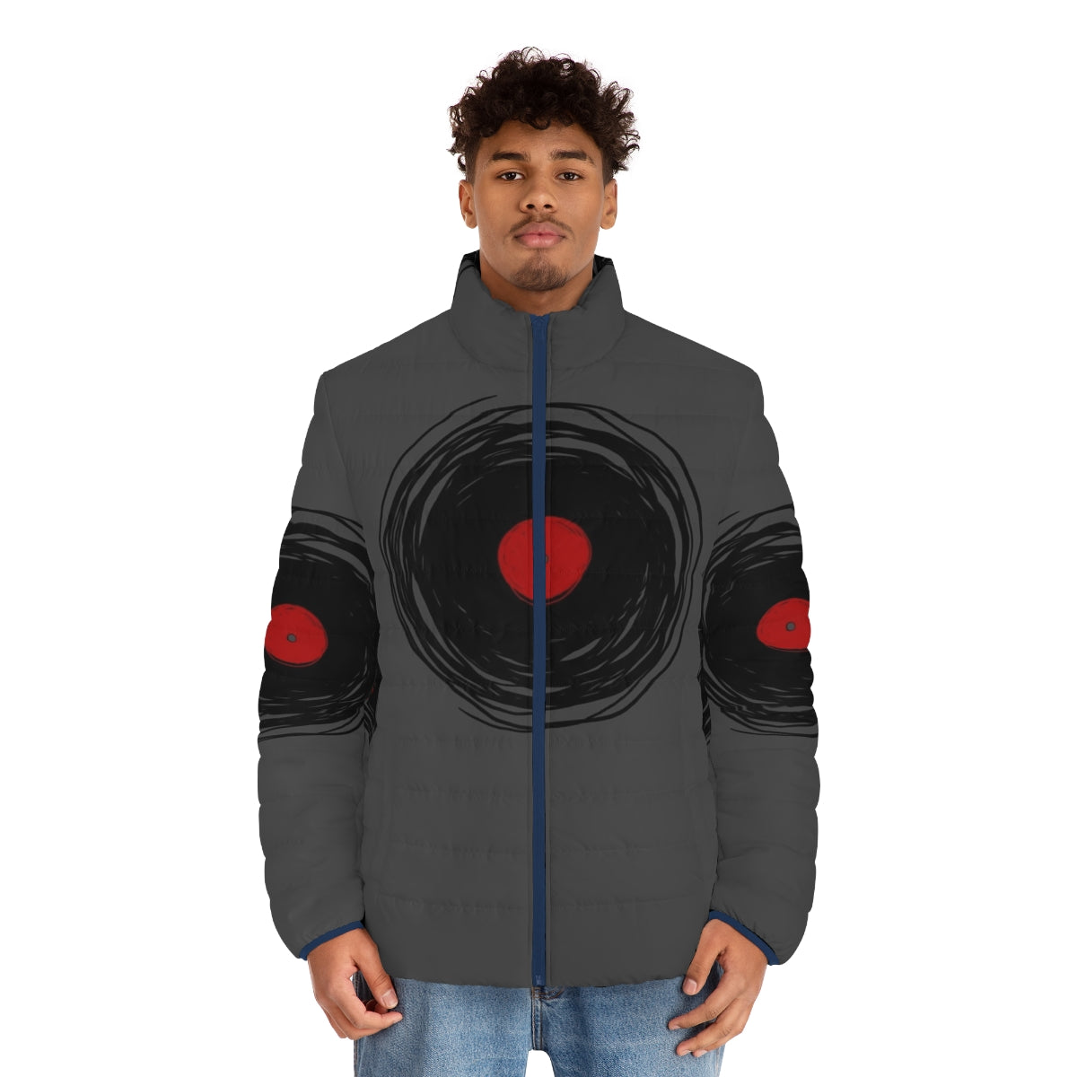 Person wearing a puffer jacket with a graphic design of a vinyl record spinning - men front