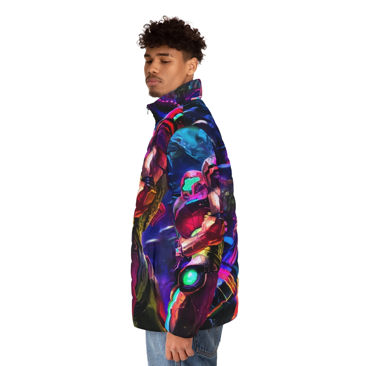 Samus Aran inspired Metroid puffer jacket featuring retro video game design - men side left