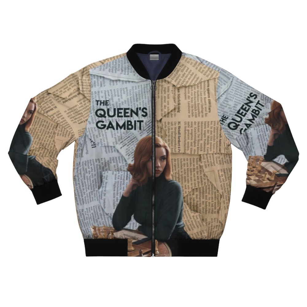 The Queen's Gambit Bomber Jacket featuring a chessboard design for chess enthusiasts