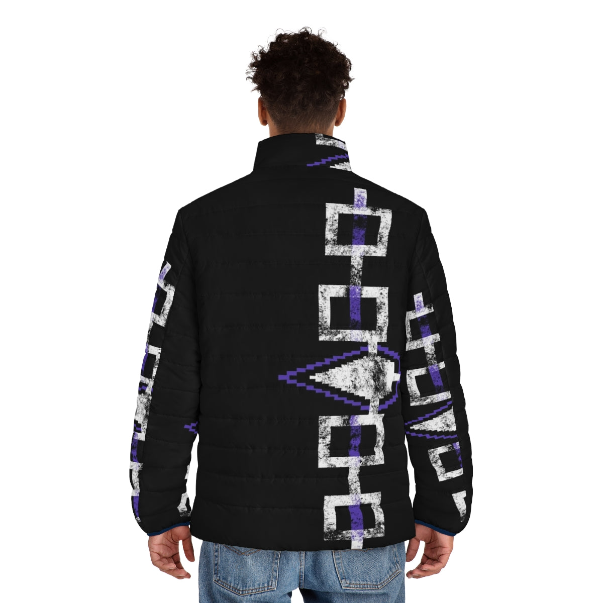 Haudenosaunee Hiawatha Belt Puffer Jacket with Native American Flag Design - men back