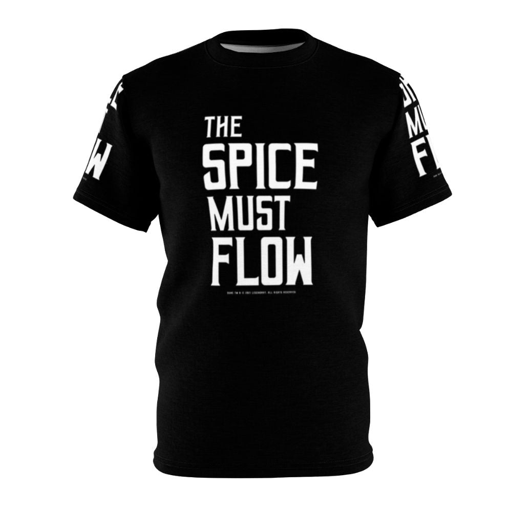 Dune-inspired all-over print t-shirt featuring the iconic "the spice must flow" quote and Dune-themed design