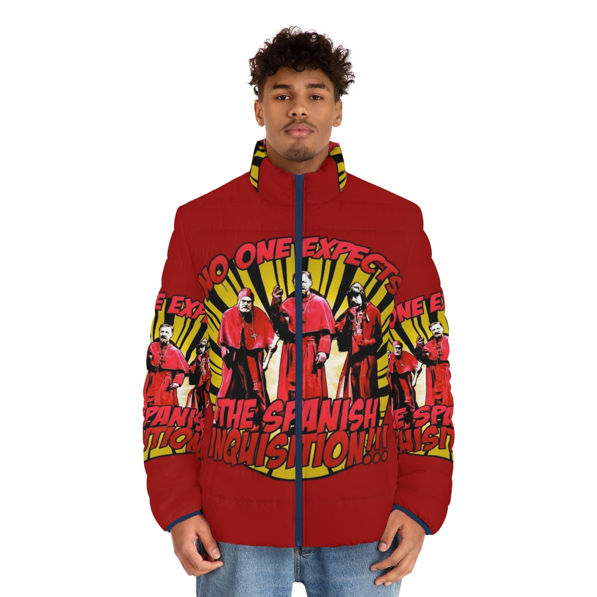 A puffer jacket featuring the iconic "No One Expects the Spanish Inquisition" design from Monty Python - men front