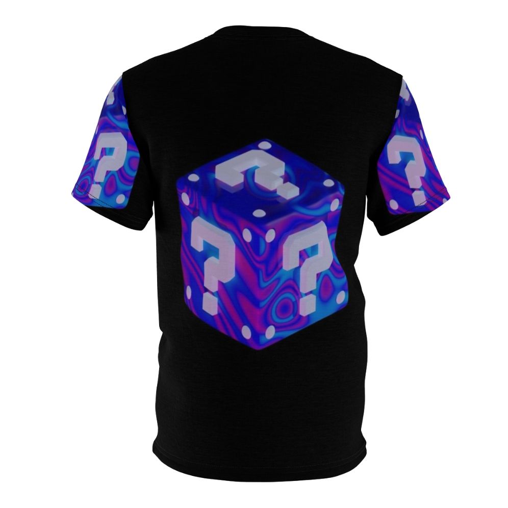 A white t-shirt featuring a vibrant, psychedelic-inspired abstract design in bold colors. - Back