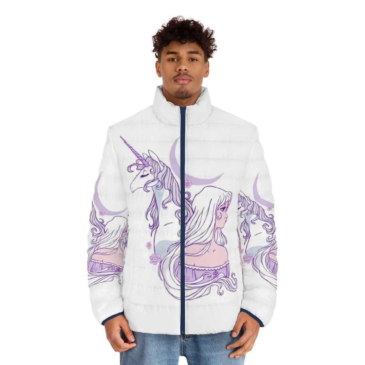 The Last Unicorn Puffer Jacket featuring a legendary unicorn in a whimsical, magical design - men front