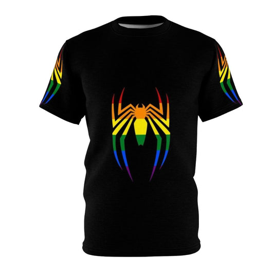 Colorful spider symbol design on a t-shirt with a rainbow gradient background