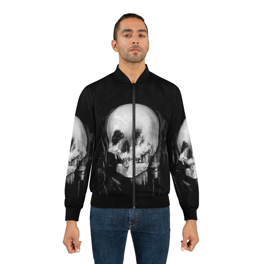 All is Vanity bomber jacket featuring a monochrome skull and skeleton design, inspired by the classic artwork of Charles Allan Gilbert. - Lifestyle