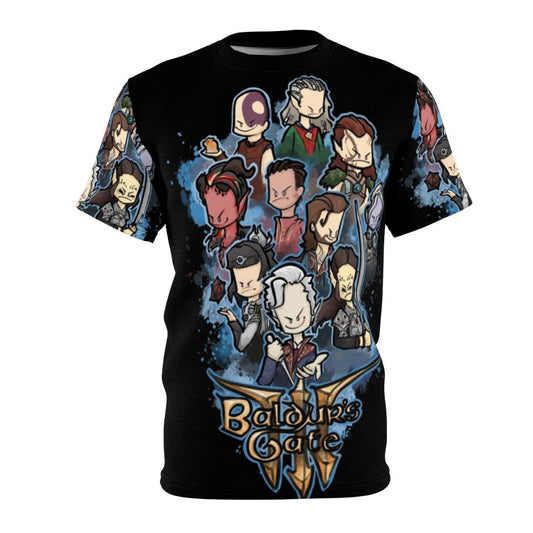 Adventuring Party AOP T-shirt featuring characters from the Baldur's Gate franchise