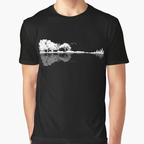 Minimalist landscape design featuring a nature-inspired guitar silhouette on a t-shirt