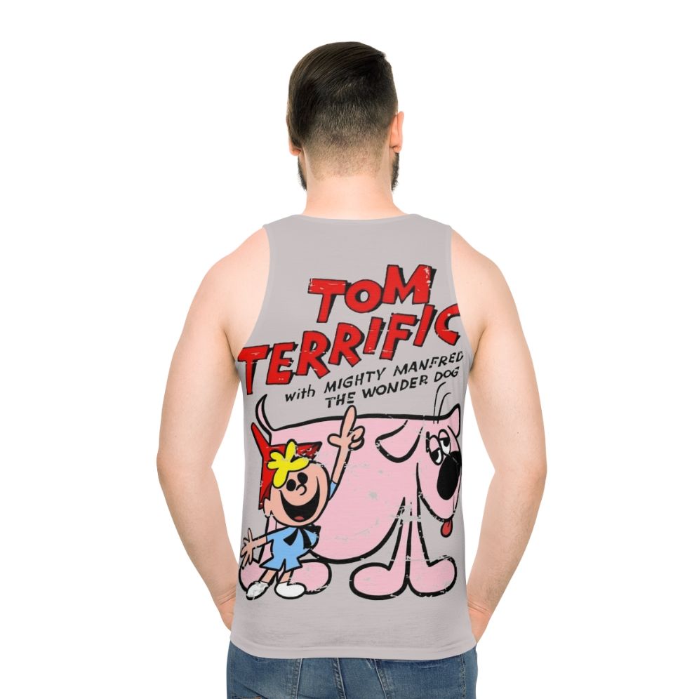 Retro unisex tank top featuring the cartoon character Tom Terrific - men back