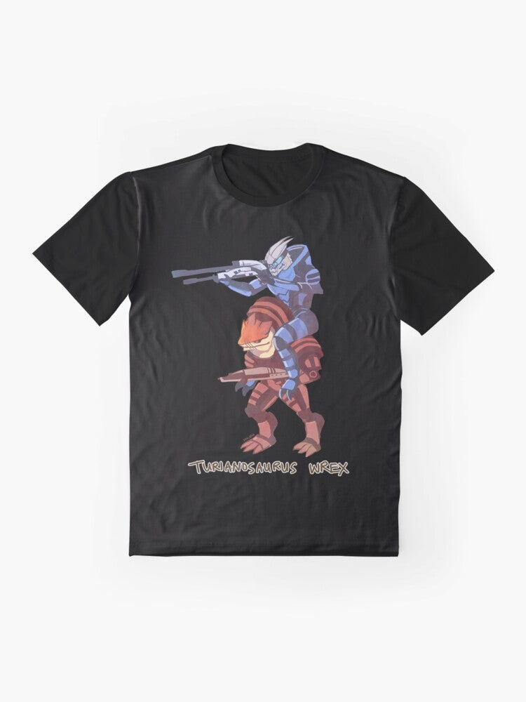 Turianosaurus Wrex, a mass effect-inspired t-rex graphic t-shirt - Flat lay