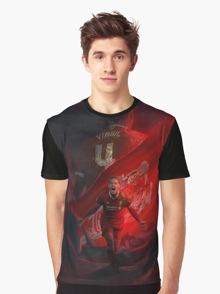 Illustration of Virgil Van Dijk, the famous Liverpool FC football player, on a graphic t-shirt design. - Men