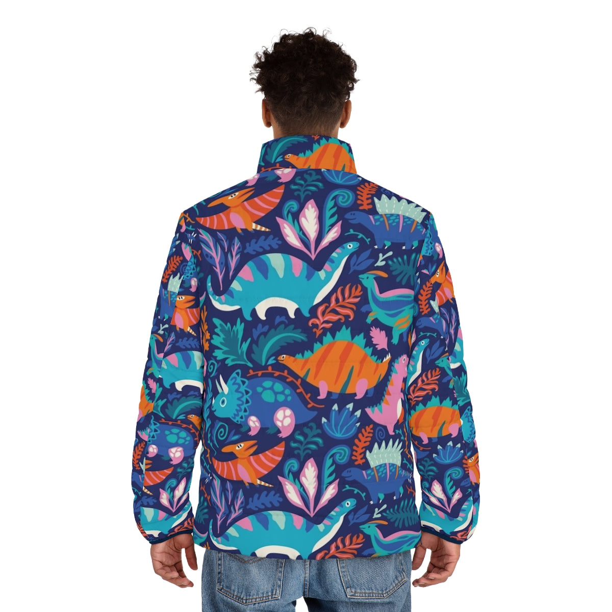 Dino Team 1 Puffer Jacket for children featuring a fun dinosaur graphic design - men back