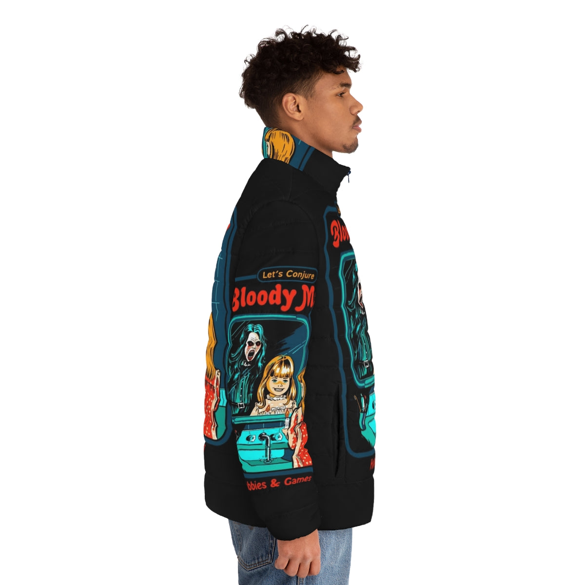 Stylish puffer jacket featuring a Bloody Mary theme, perfect for winter hobbies and games - men side right