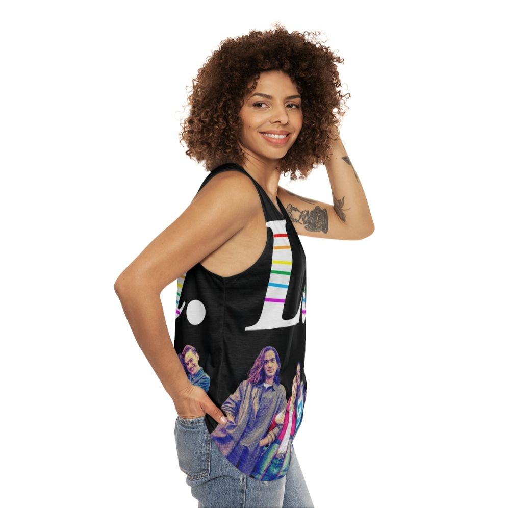 Colorful unisex tank top featuring "It's a Sin" design - women side