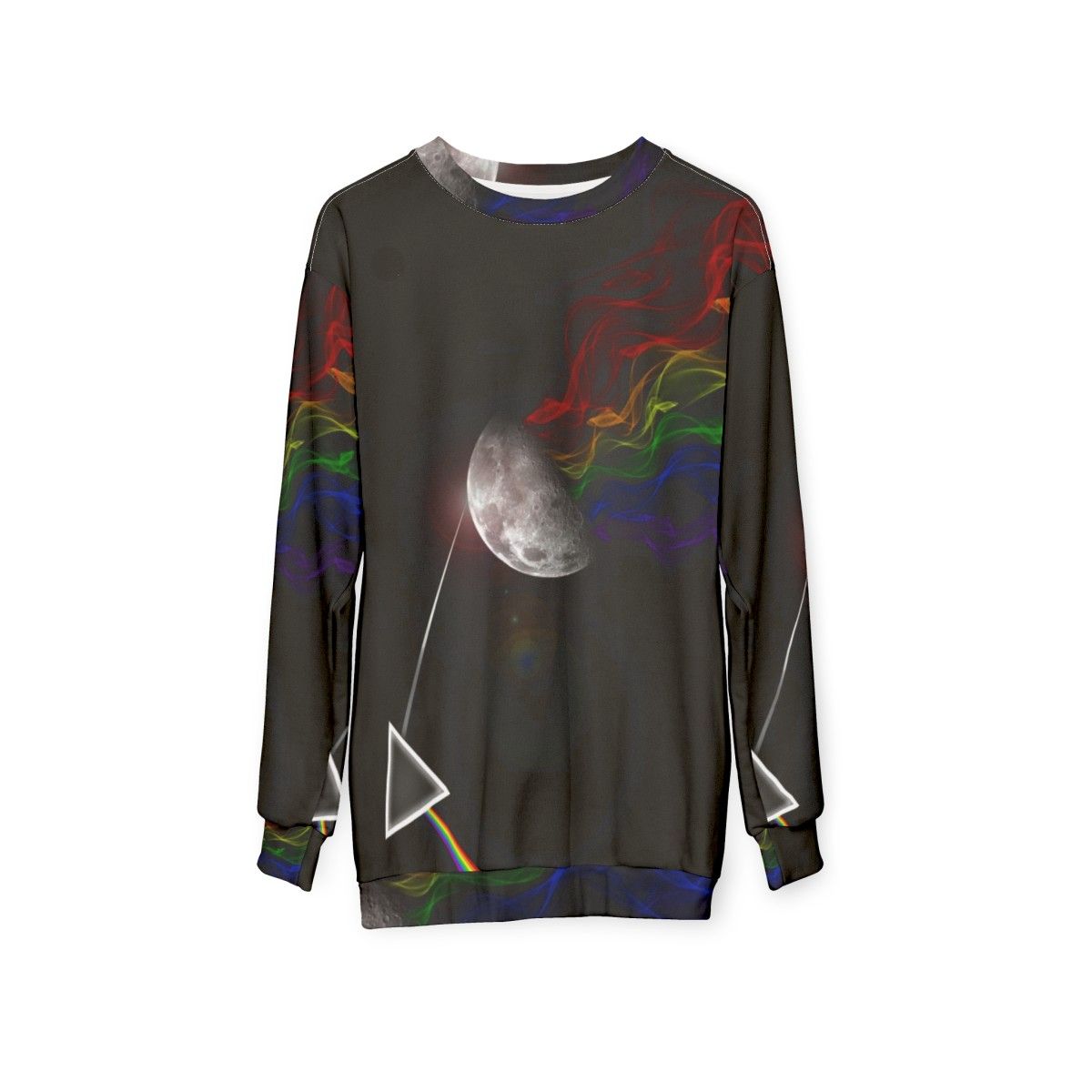 Dark Side of the Moon inspired Pink Floyd sweatshirt with abstract art - hanging