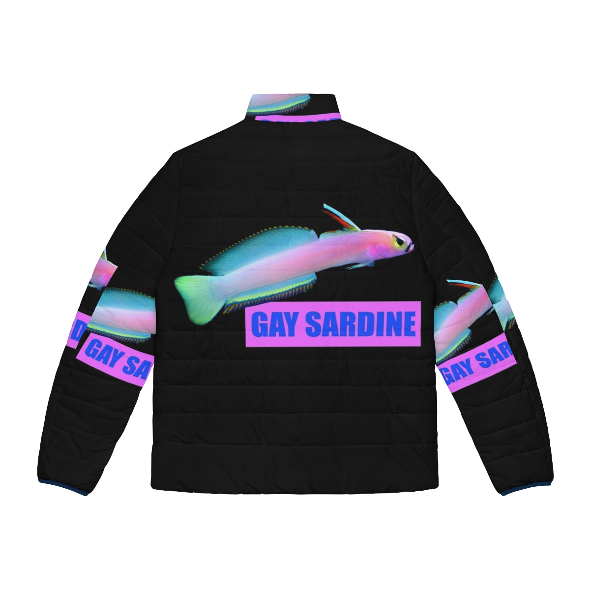 Colorful puffer jacket with a sardine graphic, representing LGBTQ+ pride and fashion - Back