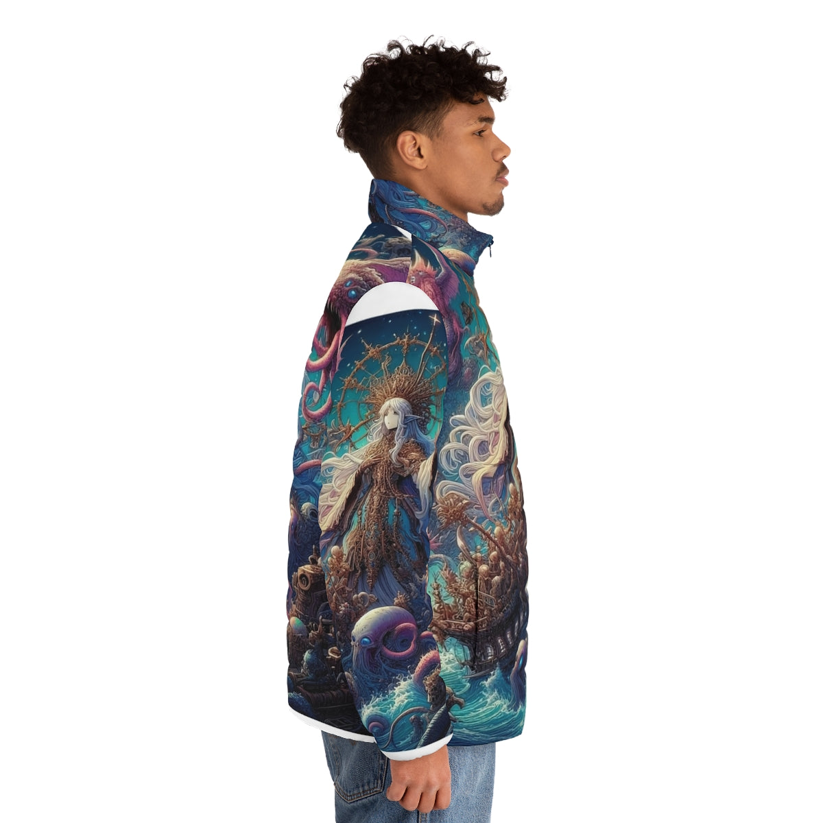 Anime puffer jacket featuring a beautiful anime girl design - men side right