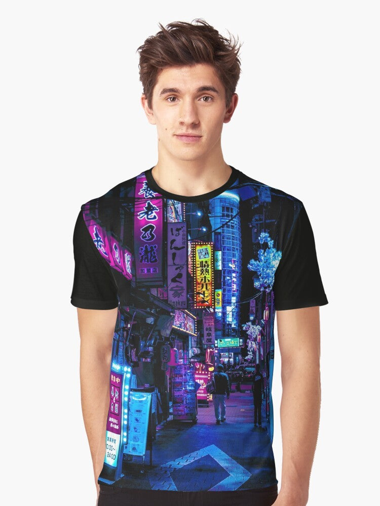 Vibrant blue Tokyo alley graphic with neon lights, cyberpunk and sci-fi inspired design. - Men