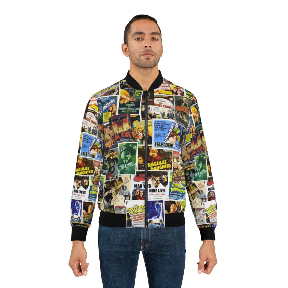 Vintage horror bomber jacket featuring classic movie monsters like Dracula, Frankenstein, and more. - Lifestyle