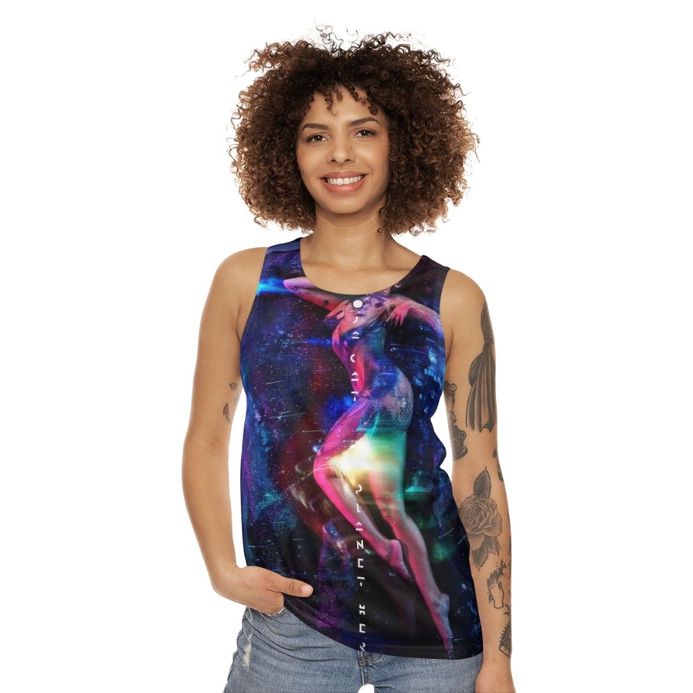 Anime-style cat lover's unisex tank top with "World Cat Love" design - women