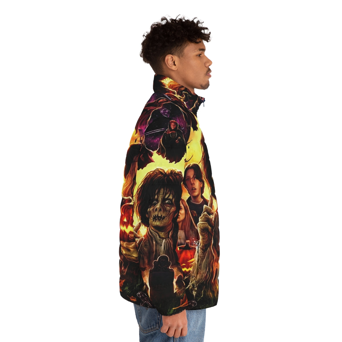 Hocus Pocus-themed puffer jacket with witches, black cats, and other Halloween elements - men side right