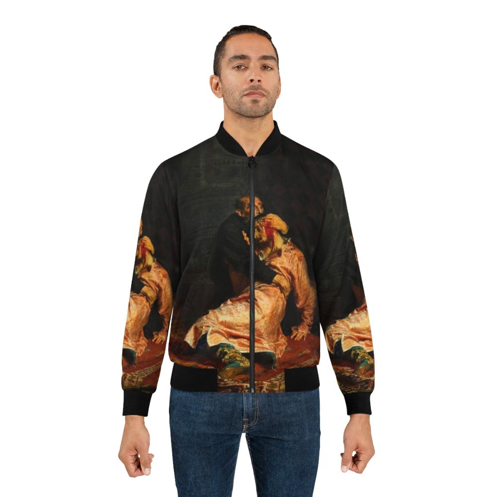 Retro bomber jacket featuring the painting "Ivan the Terrible and His Son Ivan" by Ilya Repin - Lifestyle