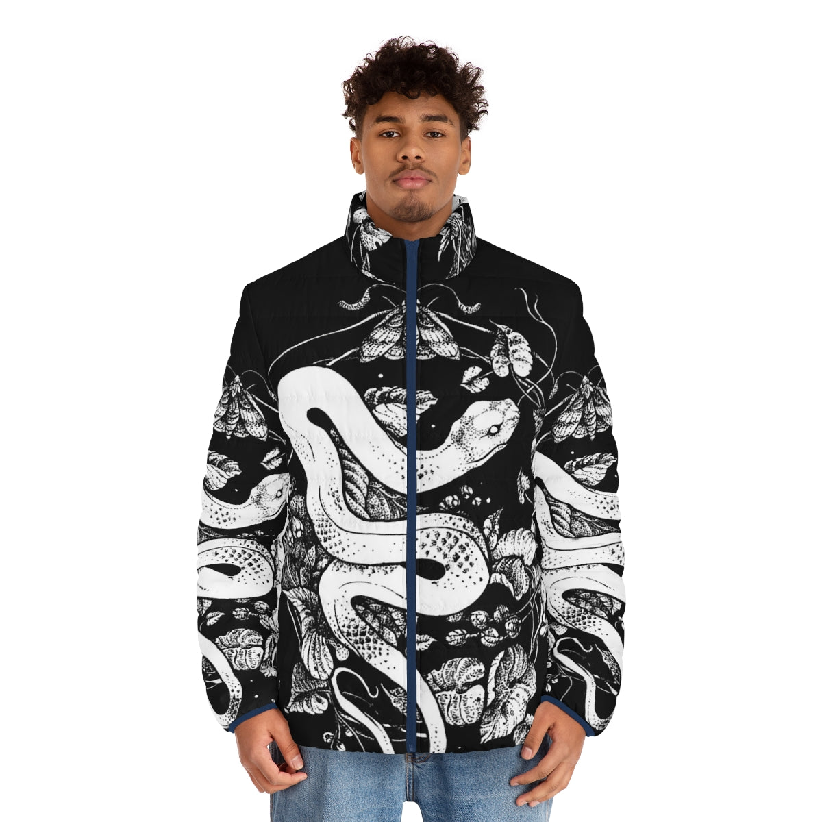 Dark, gothic inspired puffer jacket with nature-based illustrations - men front