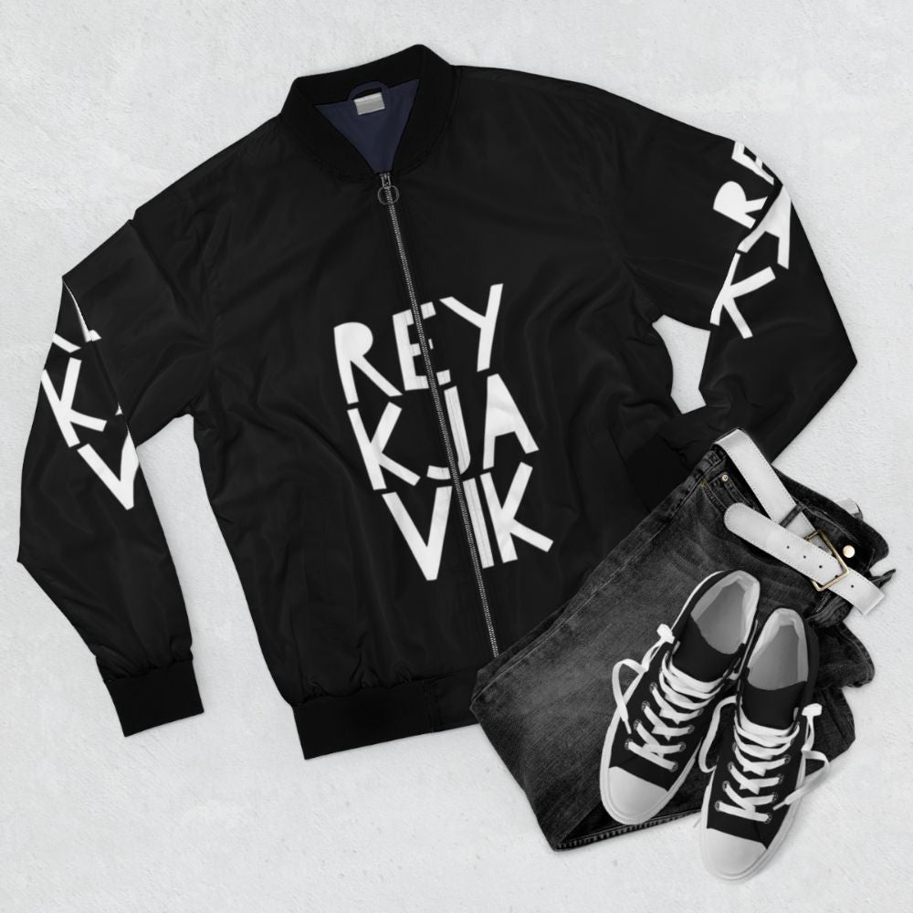 Reykjavik Iceland Bomber Jacket with Icelandic Design - Flat lay