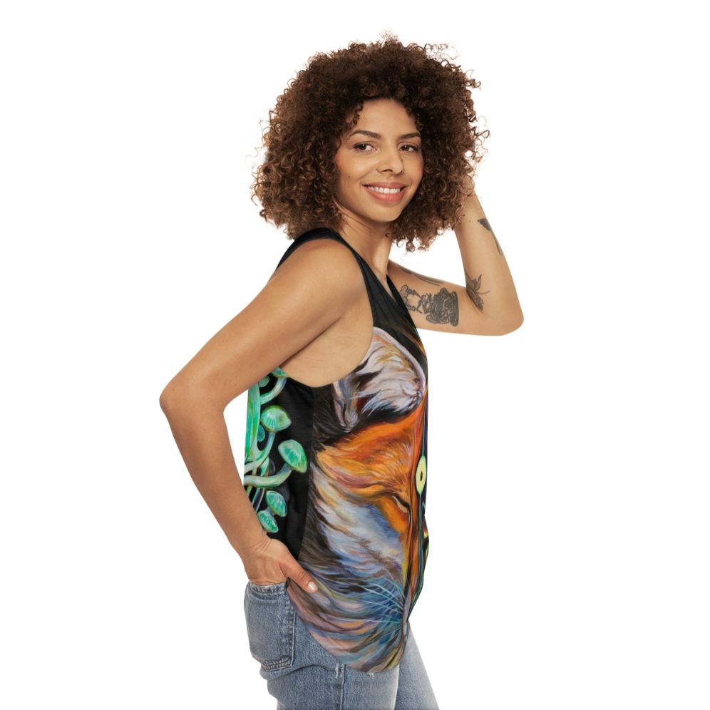 Enlightened unisex tank top with psychedelic third eye and skull design - women side