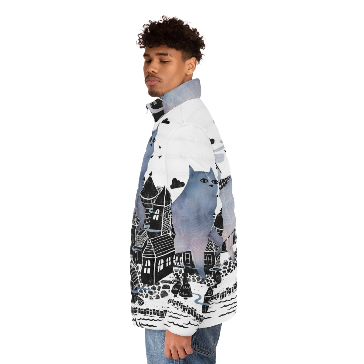 A cozy puffer jacket in a foggy, watercolor-inspired landscape design - men side left