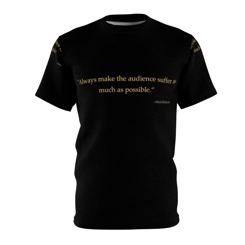 Alfred Hitchcock quote t-shirt featuring classic movie scenes and iconic director's sayings