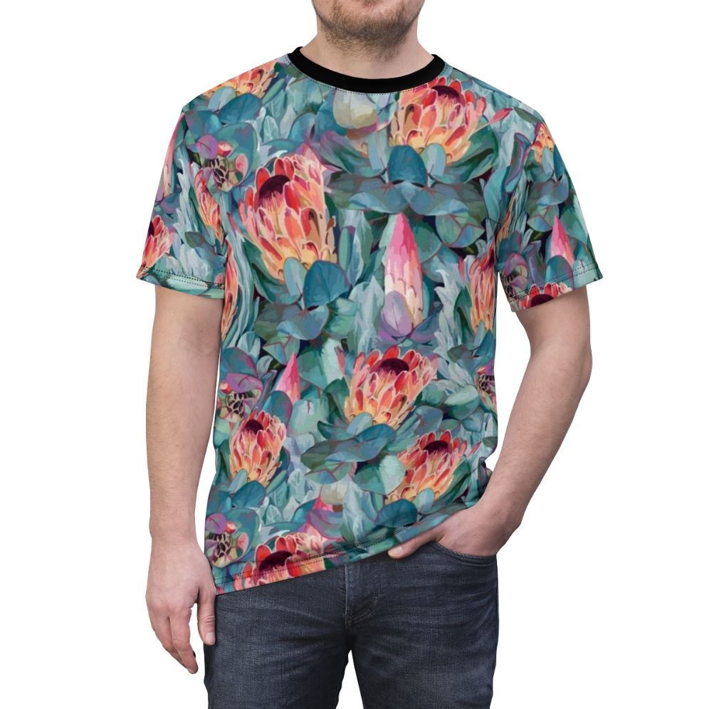 Protea flower t-shirt with vibrant watercolor-style floral print - men front