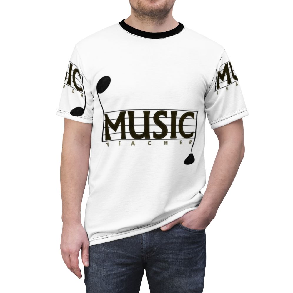 Stylish t-shirt design for music teachers featuring music staff, notes, and other musical elements. - men front