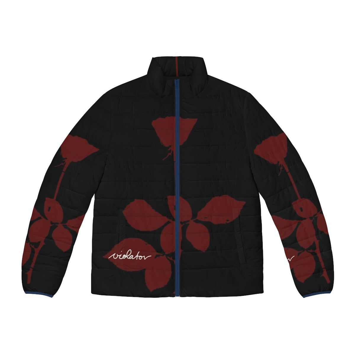 A cozy puffer jacket featuring a rose design, perfect for music lovers and best friends