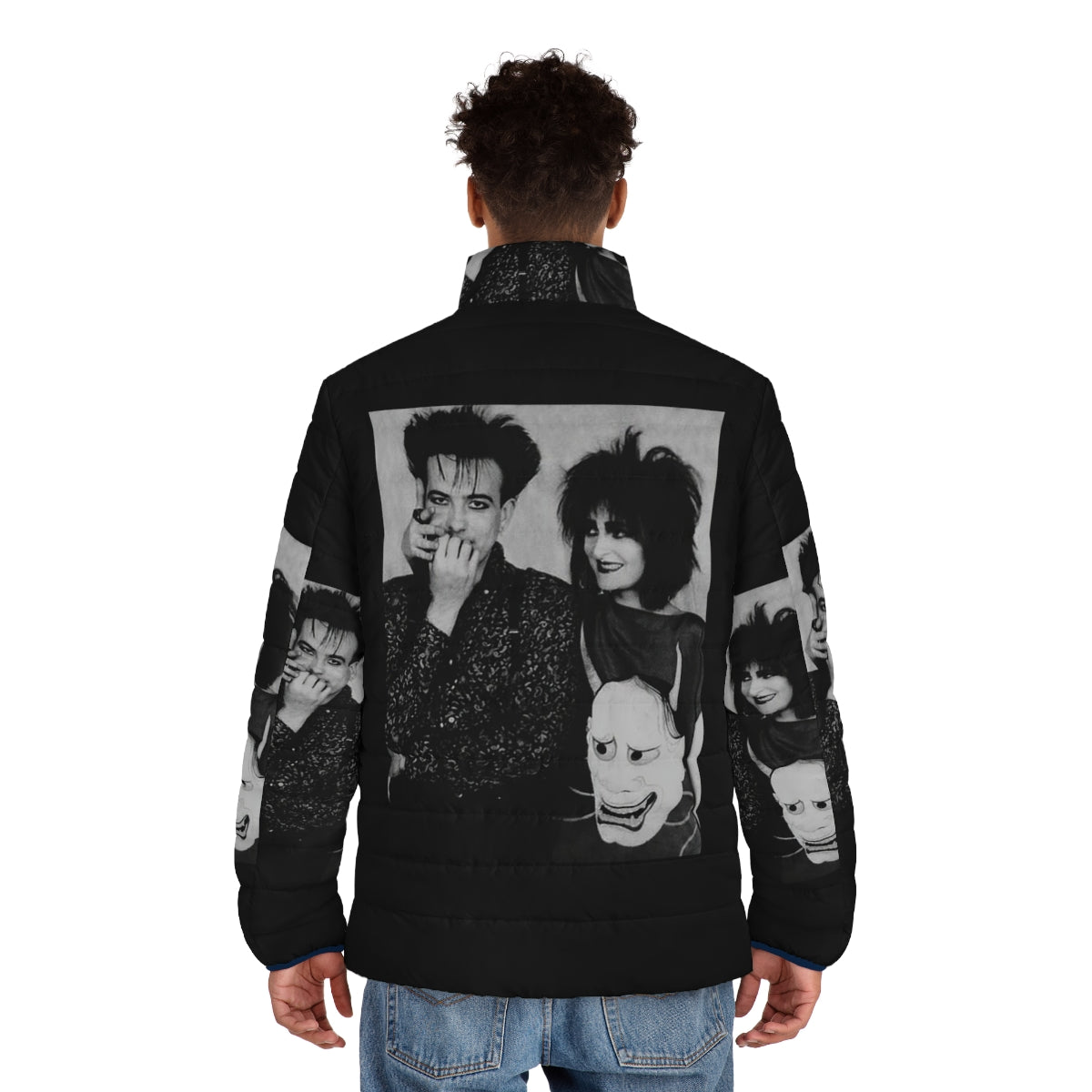 Puffer jacket featuring Robert Smith and Siouxsie Sioux of 80s goth music - men back