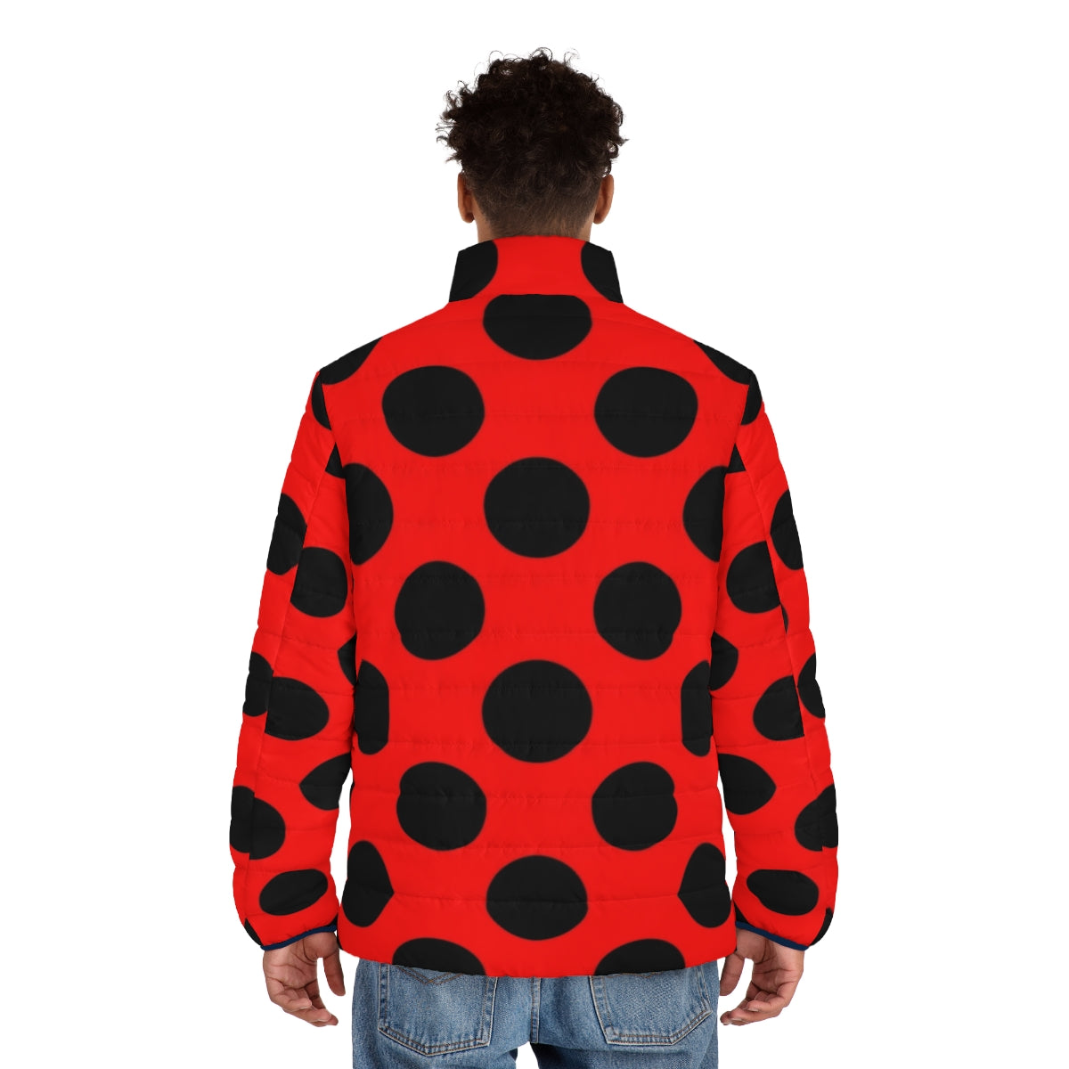 Woman wearing a red and black polka dot lady bug puffer jacket - men back