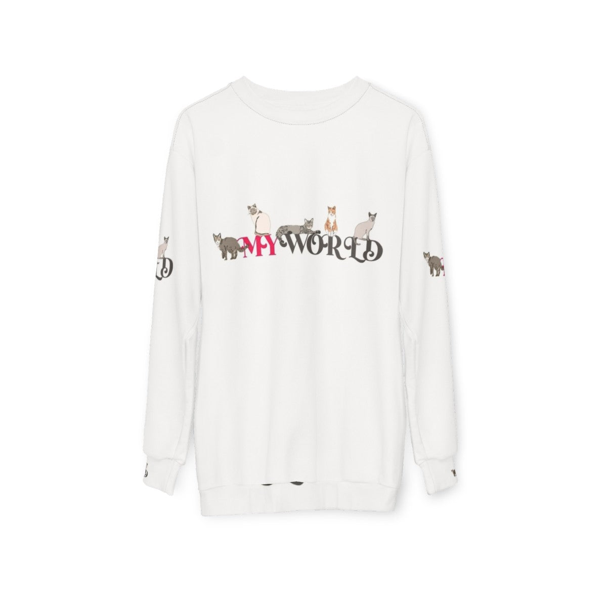 "My World" Sweatshirt with Cute Cats and Colorful Designs - hanging