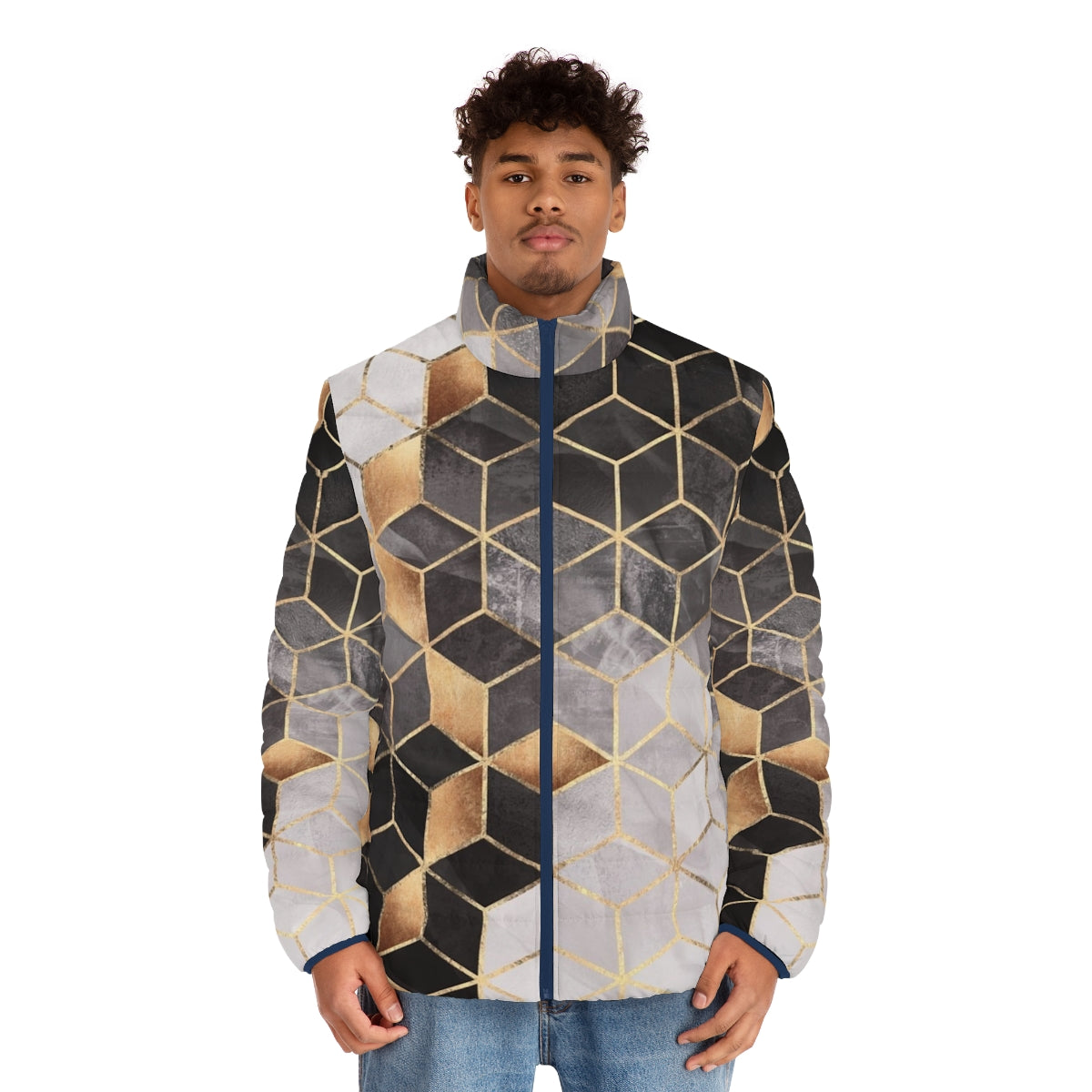 A puffer jacket with a modern geometric cubic pattern design - men front