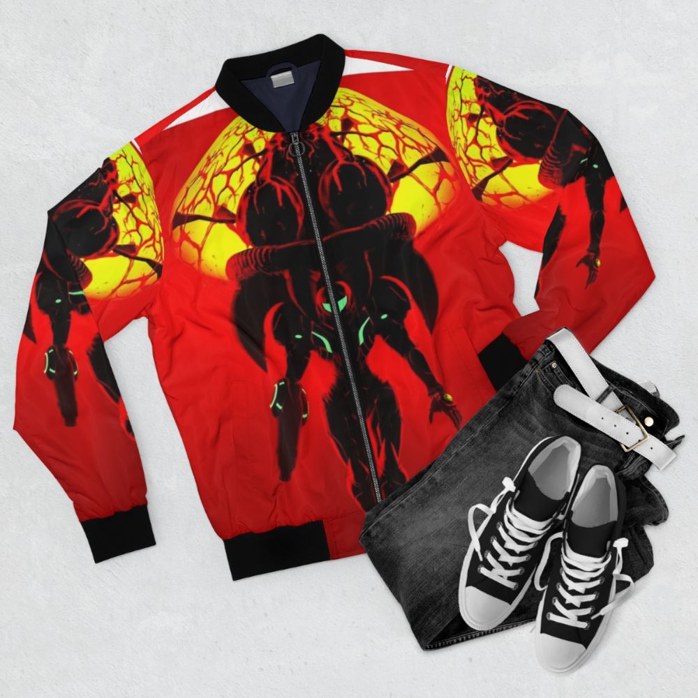 Metroid Samus Bomber Jacket - Futuristic Sci-Fi Inspired Apparel - Flat lay