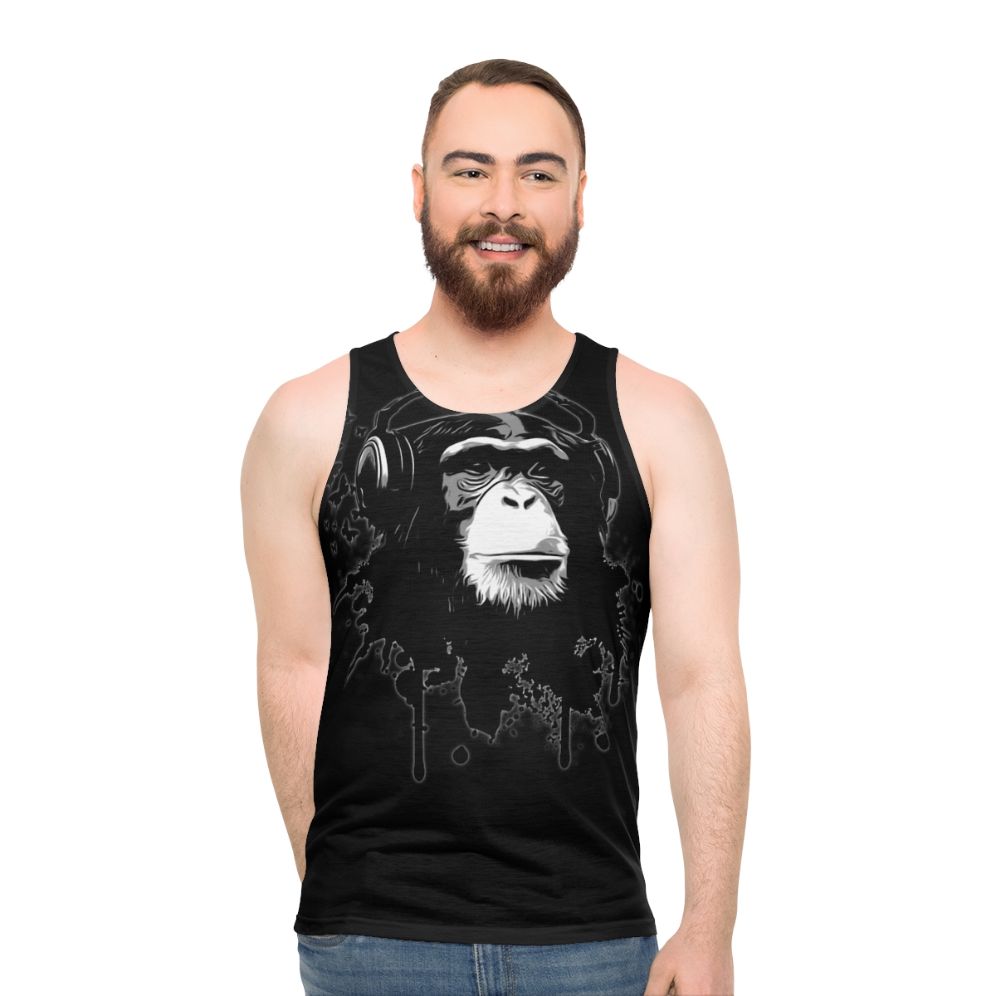 Monkey Business black unisex tank top with urban graffiti and butterfly design - men